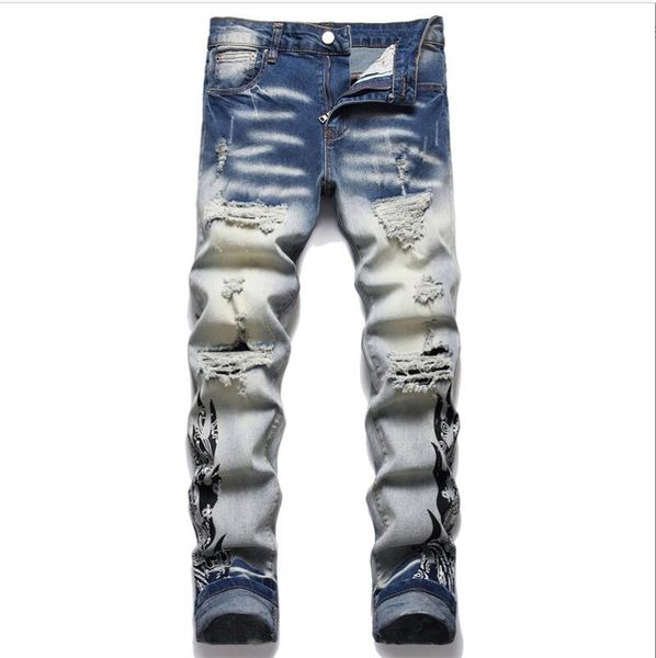 

mens biker jeans pants fashion hole moto denim man motorcycle slim jean trousers mm33gg59, Blue