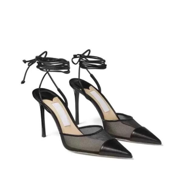 

elegant women's sandals calfskin mesh breathable pointed ankle strap summer fashion wedding party high heels, Black
