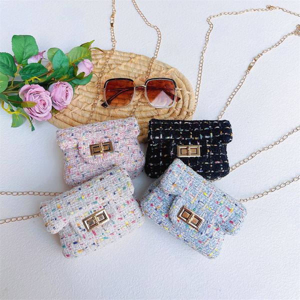 

lady style children plaid woolen purse girls metals buckle chain single shoulder bag luxury kids messenger bags q9017, White