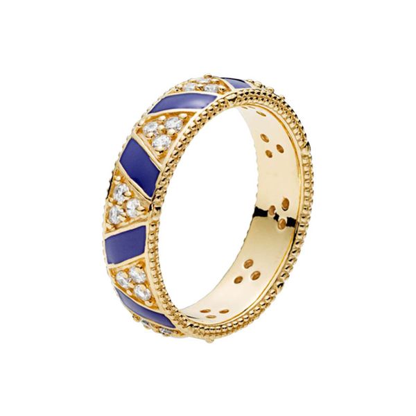 

yellow gold plated blue stripes stones ring for women men 925 sterling silver wedding jewelry with original box for pandora cz diamond girlf, Slivery;golden