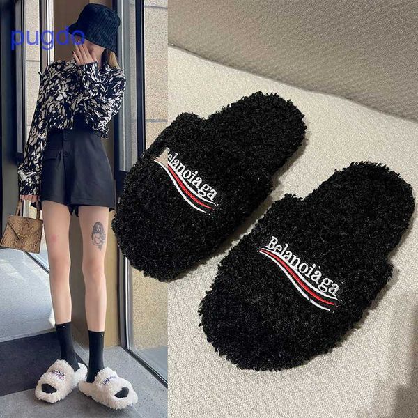 

designer ba lenciaga winter slippers online shop lamb hair outer slippers for women in 2023 autumn new net red, Black