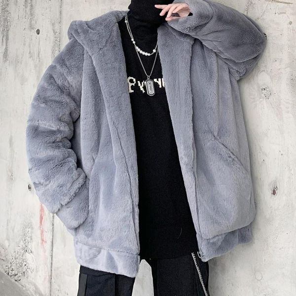 

men's jackets 3 solid colors loose hair thickened coat hooded wool gray white casual mens fur veste fourrure homme 2022 winter, Black;brown