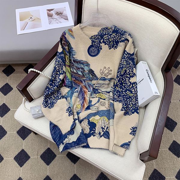 

vintage printed loose casual sweaters women 2022 designer runway fashion ladies long sleeve diamond knitting round neck european pullovers, White;black