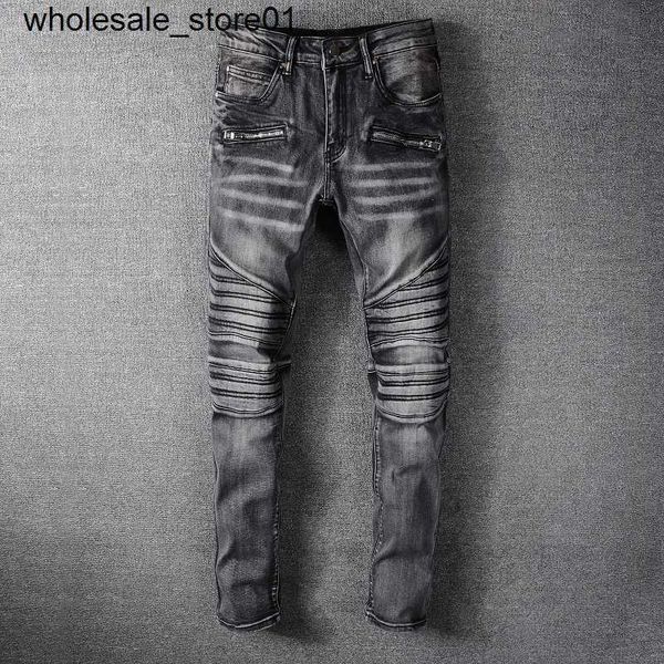 

new men's jeans designer street trend winter new grey stitching jeans men's youth streetwear slim fit pants, Blue