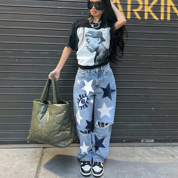 

fall new line of ripped straight leg jeans women's high street fashion personality star print graffiti light blue wash vintage trousers