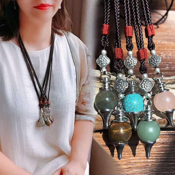 

retro ethnic sweater chain necklace for divination women circular natural gems stone pendant necklace jewelry, Silver