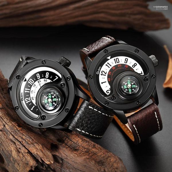 

wristwatches oulm sport watches men decorative compass unique design male quartz clock men's leather strap casual wrist watch man, Slivery;brown