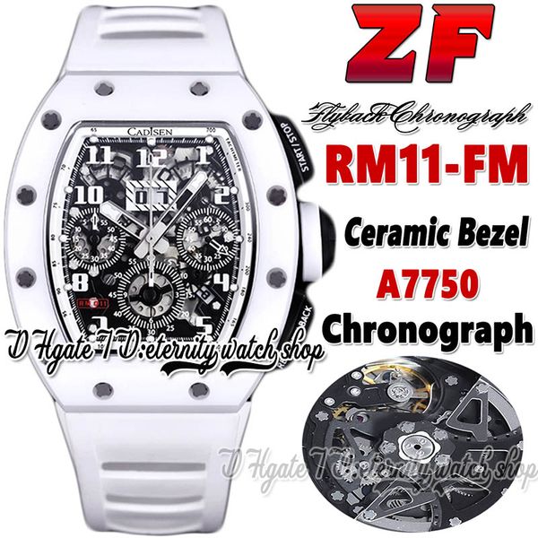 

z latest version zf202210011 mens watch a7750 chronograph automatic white ceramic case steel skeleton dial white rubber strap super edition, Slivery;brown