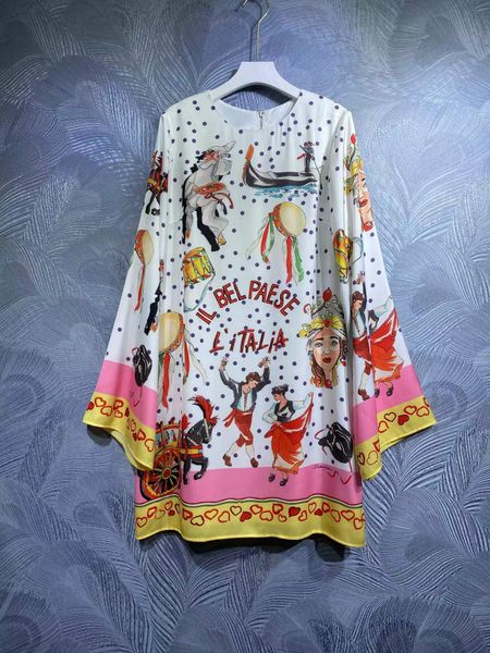 

high-quality printed flare-sleeves loose-waist silk blend dress, Black