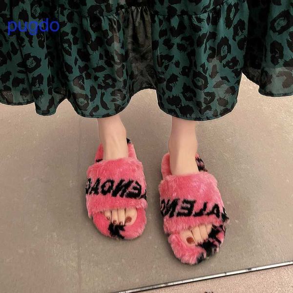 

designer ba lenciaga winter slippers online shop fashionable thick bottom letter integrated woolen slippers new, Black