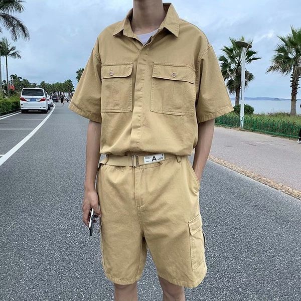 

summer overalls men street fashion japan style men clothes workwear jumpsuit with adjustable waist belt smart, White;black