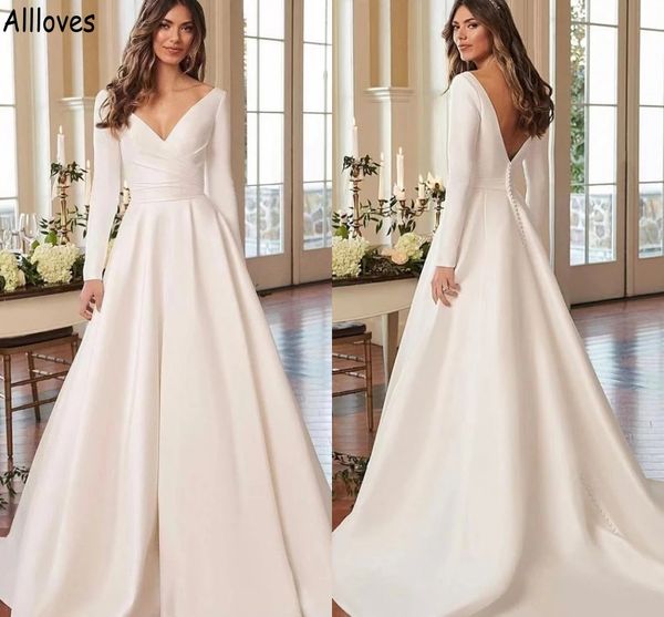 

elegant satin a line wedding dresses with long sleeves v neck simple boho garden bridal gowns open back buttons fashion sweep train robes de, White