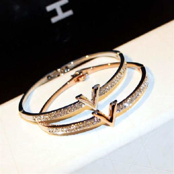 

super sparkling fashion luxury designer letter v diamond zirconia bangle bracelet for woman girls 18cm rose gold2495, Black