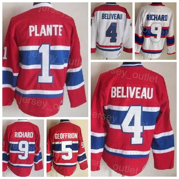 

men retro hockey 4 jean beliveau jersey vintage classic 1 jacques plante 5 bernie geoffrion 9 maurice richard ccm team color red white all s, Black;red