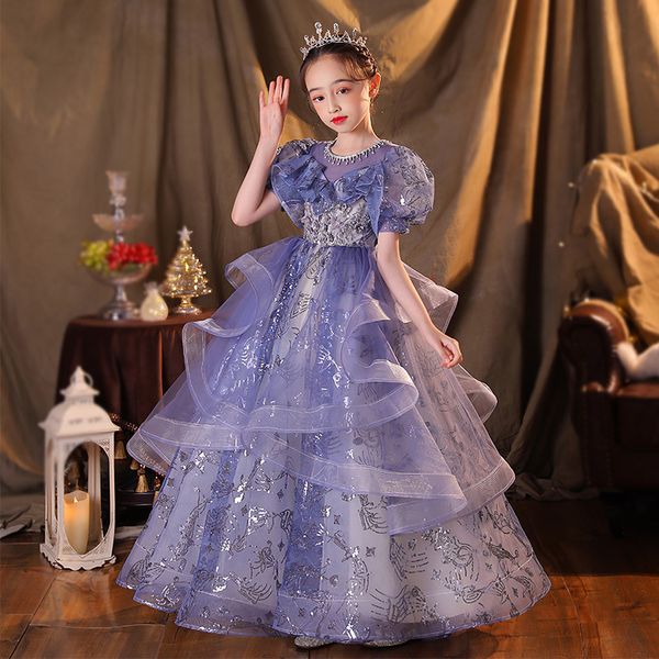 

2023 gold blue flower girl dresses jewel neck ball gown lace appliques beads with bow kids girls pageant dress sweep train birthday gowns, White;blue