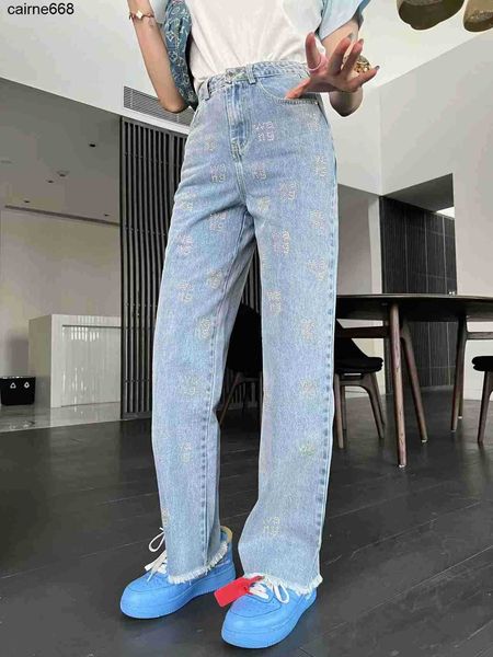 

women's jeans aw dawang spring summer new fashion full letter diamond decoration slim straight wide leg jeans, Blue