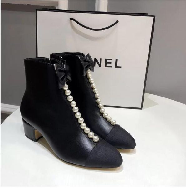 

2022 dress shoes short boots dress shoes bowknot pearl ornament, Black