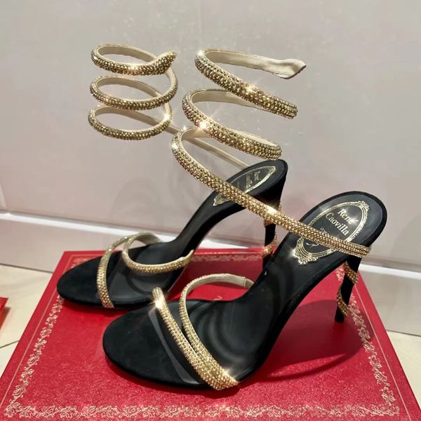 

crystals embellished heels rhinestone sandals rene caovilla cleo 95mm designers ankle wraparound women high heeled sandal flower rhinestone, Black