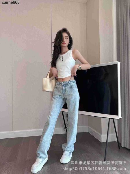 

designer women's jeans alexanders spring new rhinestone wangs letter lace up high waist straight pants loose slim pants women, Blue