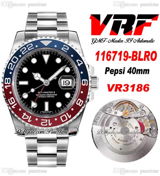 

vrf gmt ii vr3186 pepsi automatic mens watch 40mm red blue ceramic bezel black dial 904l oystersteel diamonds bracelet super edition same se, Slivery;brown