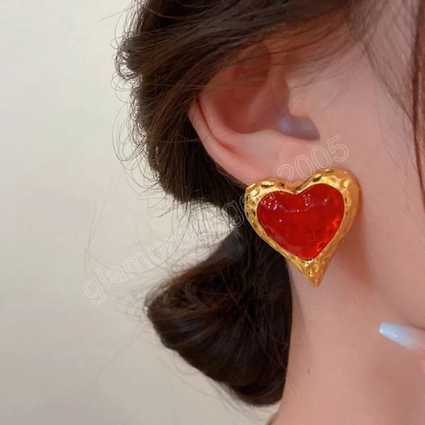 

romantic red heart stud earrings copper resin personality piercing earrings metal ear accessories for girls gift, Golden;silver