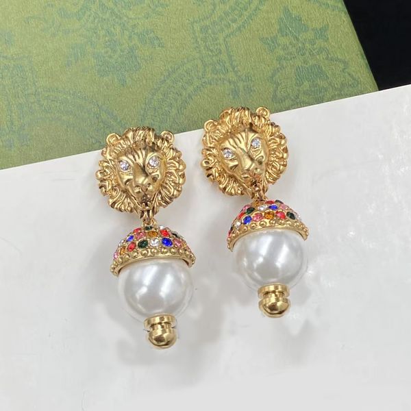 

2022 new style glamour fashion luxury brand dangle earrings lion head pearl pendant earrings personality ladies wedding party designer quali, Silver