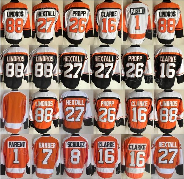 

men retro hockey 88 eric lindros jersey vintage classic 16 bobby clarke 27 ron hextall 26 brian propp 1 bernie parent 7 bill barber 8 dave s, Black;red