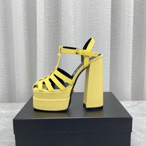 

summer platform sandals calf leather ankle strap side buckle block high heels square toe women's luxury designers dress shoes35-42szie, Black