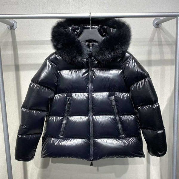 

women's down coat with fur collar, medium length slim fitting down coat, shoulder band decoration, white duck down filled coat, designe, Black