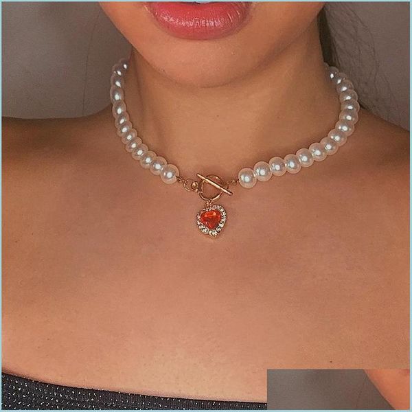 

pendant necklaces vintage pearl necklace for women retro red crystal heart pendant choker necklaces gifts jewelry drop deliv yydhhome dhrcn, Silver