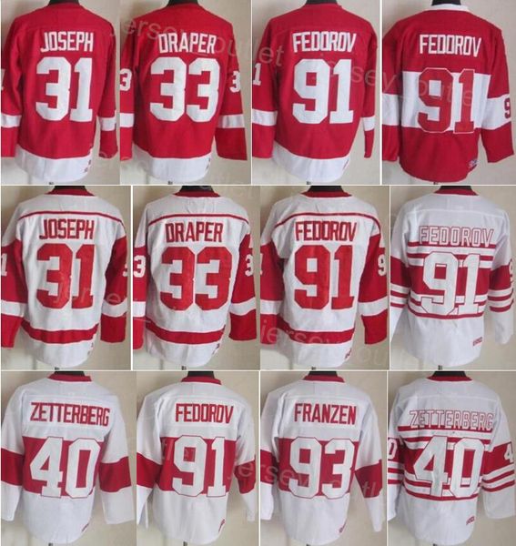 

men retro hockey 91 sergei fedorov jersey vintage classic 40 henrik zetterberg 33 kris draper 31 curtis joseph 93 johan franzen stitched 75t, Black;red