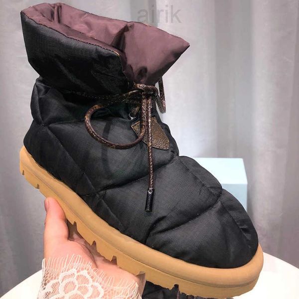 

designer pillow flat ankle boots duck down shoes textile snow boot platform lace-up shoes winter outdoor shoes, Black