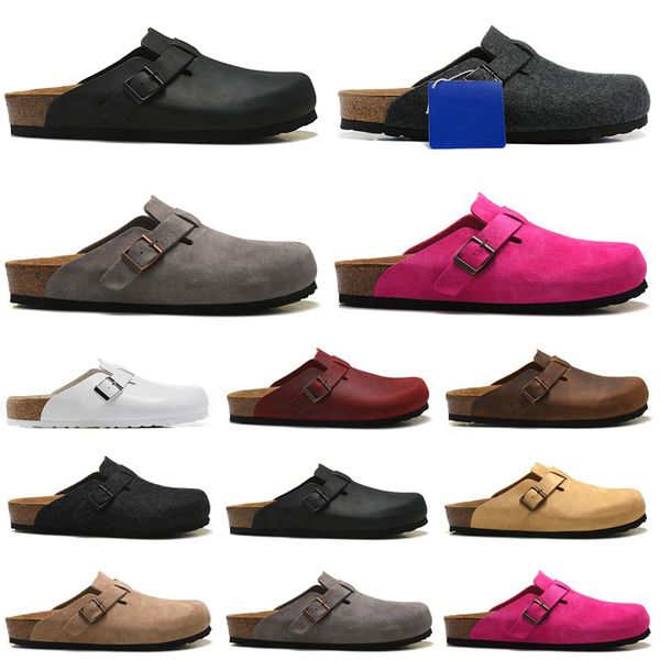 

designer sandals men women slide slippers boston soft footbed clogs suede leather buckle strap mens shoes outdoor indoor 36-45, Black