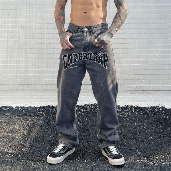 

mens jeans arrivals letter embroidery vintage grey men baggy jeans trousers retro washed hip hop straight denim pants moda hombre 220930, Blue