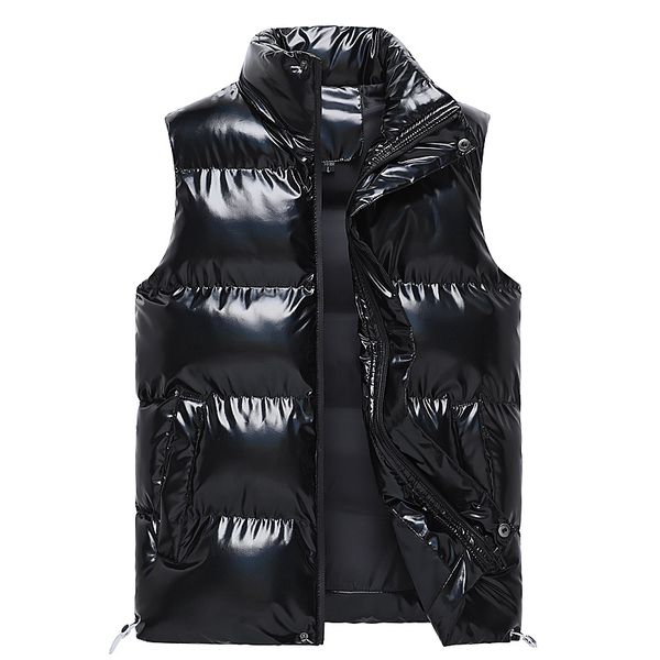 

men's vests men's sleeveless jacket fashion shiny vest winter warm pockets cotton padded jackets male white black autumn waistcoat, Black;white