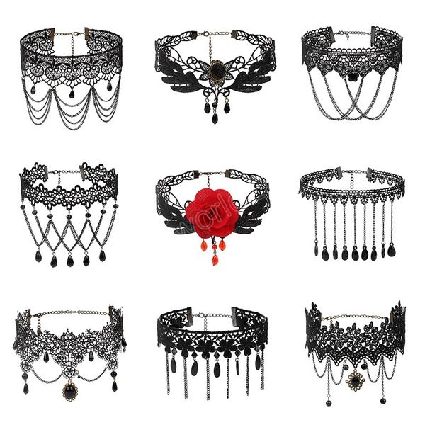 

vintage choker necklace hollow black lace chokers gothic bead tassel necklace for women girls mix styles, Golden;silver