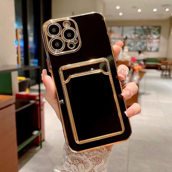 

bling card pocket cases for iphone 14 plus pro max 13 12 11 xr xs x 8 7 soft tpu luxury chromed plating credit id slot fine hole camera lens