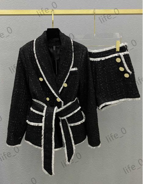 

designer brand womens two piece pants tweed lace-up coats high waisted button trim shorts thicken warm fashionable women tracksuits 1970, White