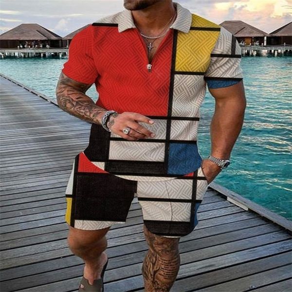 

men's tracksuits suit 3d color stitching print summer short sleeve polo shirt shorts fashion zipper two piece set 220930, Gray