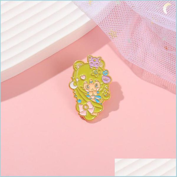 

pins brooches girls and cats enamel pin custom green girl moon star bow shirt lapel backpack badge nce jewelry gift for f jewelshops dhk8y, Gray