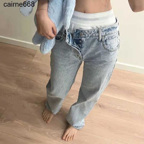 

designer women's jeans new letter webbing alexanders double waist washing wangs casual straight jeans trousers women, Blue