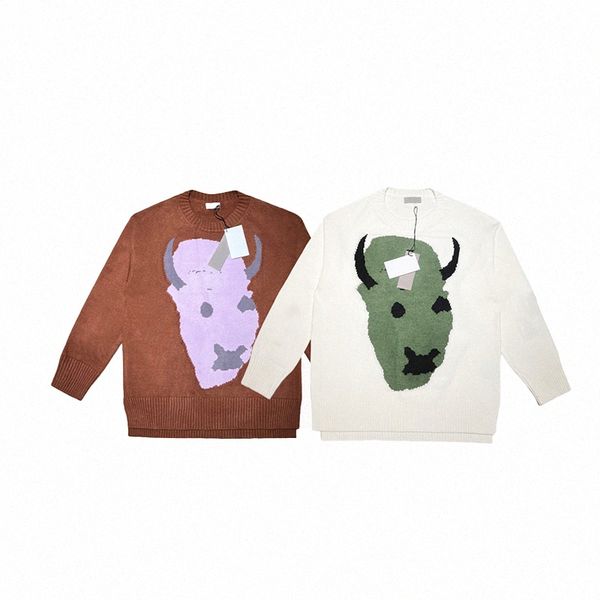 

designer mens sweaters pullover long sleeve cow head inlaid casual round neck sweater print loose o5le#, White;black