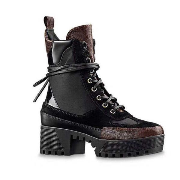 

classic martin boots designer winter coarse heel women shoes 100% leather flamingos love medal desert boot lace up lady thick high, Black