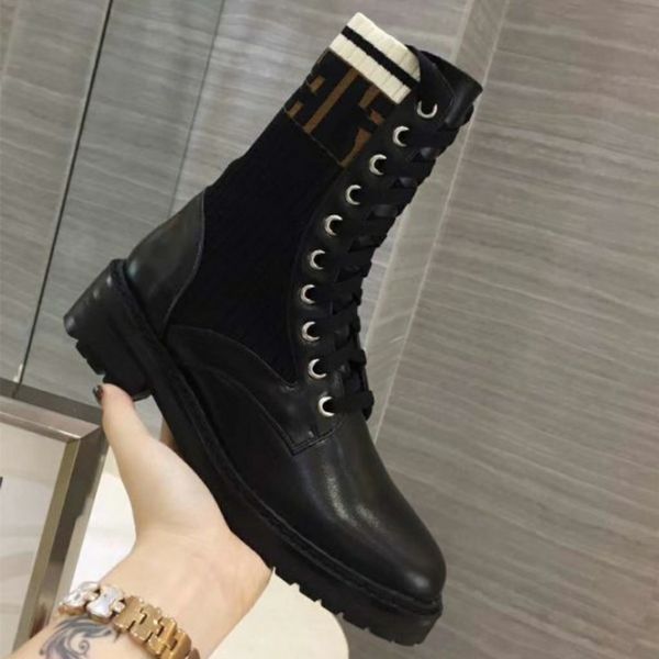 

casual boots fendyity fashion men's women's autumn and winter leather letter sock boots 002, Black