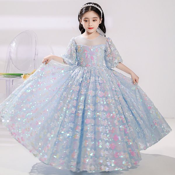 

blue flower girl dresses for weddings jewel neck lace appliques crystal beaded tiered little kids baby gowns first holy communion dresses, White;blue