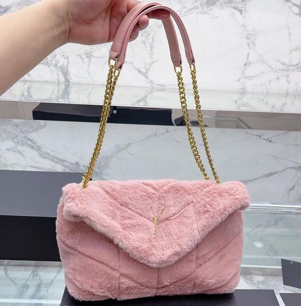 

puffer crossbody bag chain envelope shoulder flap handbag gold silver black hardware letter thread teddy fleece messenger handbag soft walle