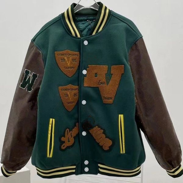 

designer quality 22ss patchwork leather jackets fashion embroidered muay thai letters men's and women's baseball jacket, Black;brown