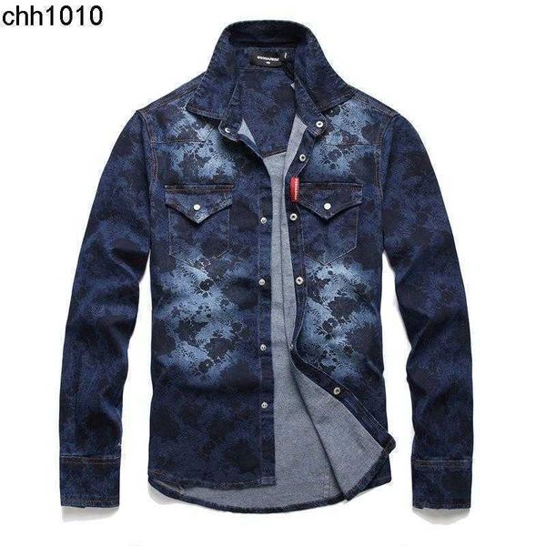 

in america watermark flower dark blue denim shirt button open dsqs retro jacket slim elastic clothes men, Black;brown