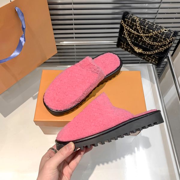 

classic luxury designer furry slippers women slippers winter soft fur warm fluffy cross black white pink beige initials fleece belt box size