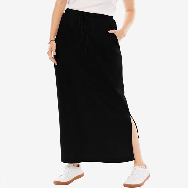 

plus size dresses plus size knot drawstring waist summer spring long skirt women elastic waist slit pocket sides black casual sports skirt 6